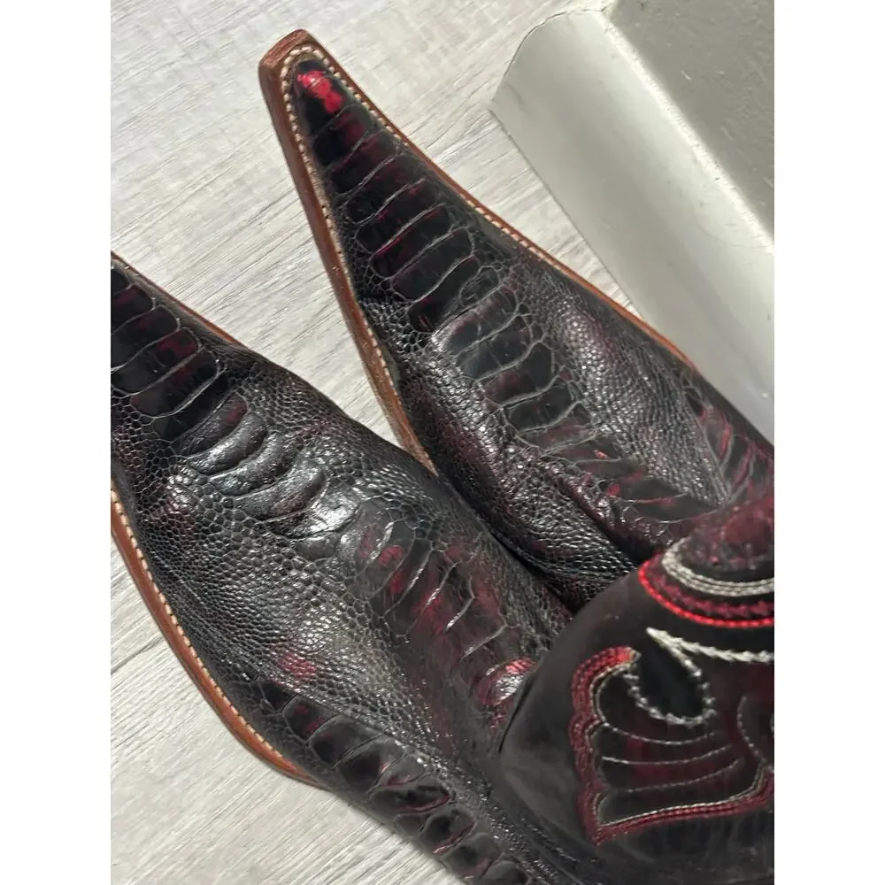 Los Altos Genuine Ostrich Leg Cowboy Boots Black Cherry Men’s 9 EE Snip Toe